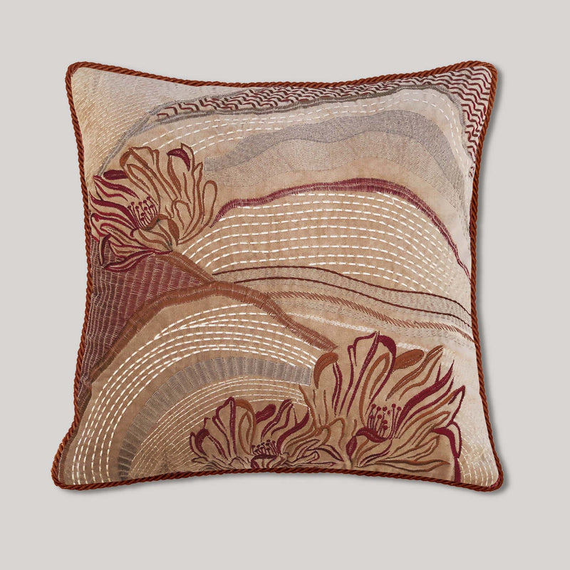 Embroidered pillow cover with abstract landscape floral embroidery in beige velvet, handmade textile art accent pillow for living room decor.