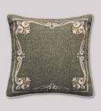 Luxury embroidered cushion cover in green with gold border, perfect for couches, beds, and accent chairs.