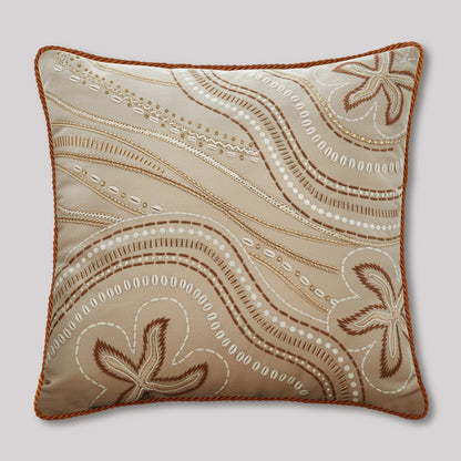 Premium Velvet Fabric Coastal Pillow Cover Embroidered Wave Design Starfish Pattern Detail Beige Brown Tones Rust Trim Accent Nautical Theme Decor Beach House Styling Ocean Inspired Aesthetic Living Room Accessory Quality Construction Soft