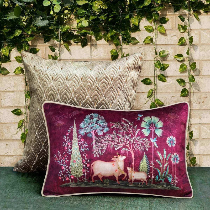 Handmade Indian cushion cover in ruby velvet with traditional cow and calf artwork, exclusive designer home accessory by Preetier
