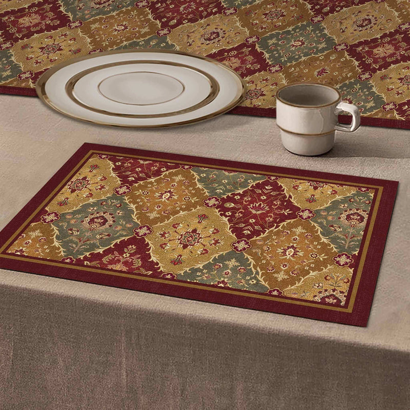Kilim table mat in rust and multicolor, showcasing intricate ethnic geometric patterns, perfect for adding warmth, texture, and a bohemian touch to dining tables and modern home décor by preetier
