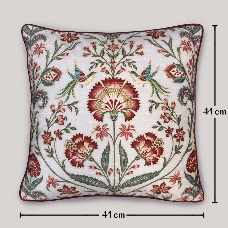 Luxury handcrafted cushion cover with intricate bird and floral Suzani design in rust and teal on white background — perfect for elegant living room or bedroom décor.