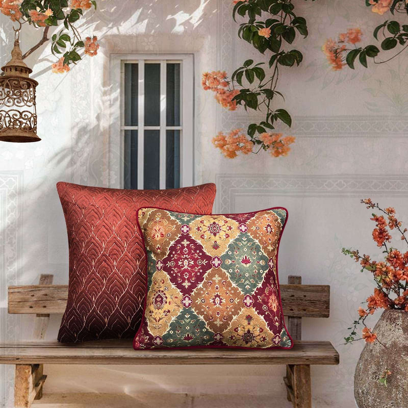 Luxury Contempo Kilim cushion cover in rust and multicolor Moroccan-inspired pattern, featuring intricate geometric floral designs on premium fabric, styled with a textured rust pillow on a wooden bench with floral decor for elegant home interiors.