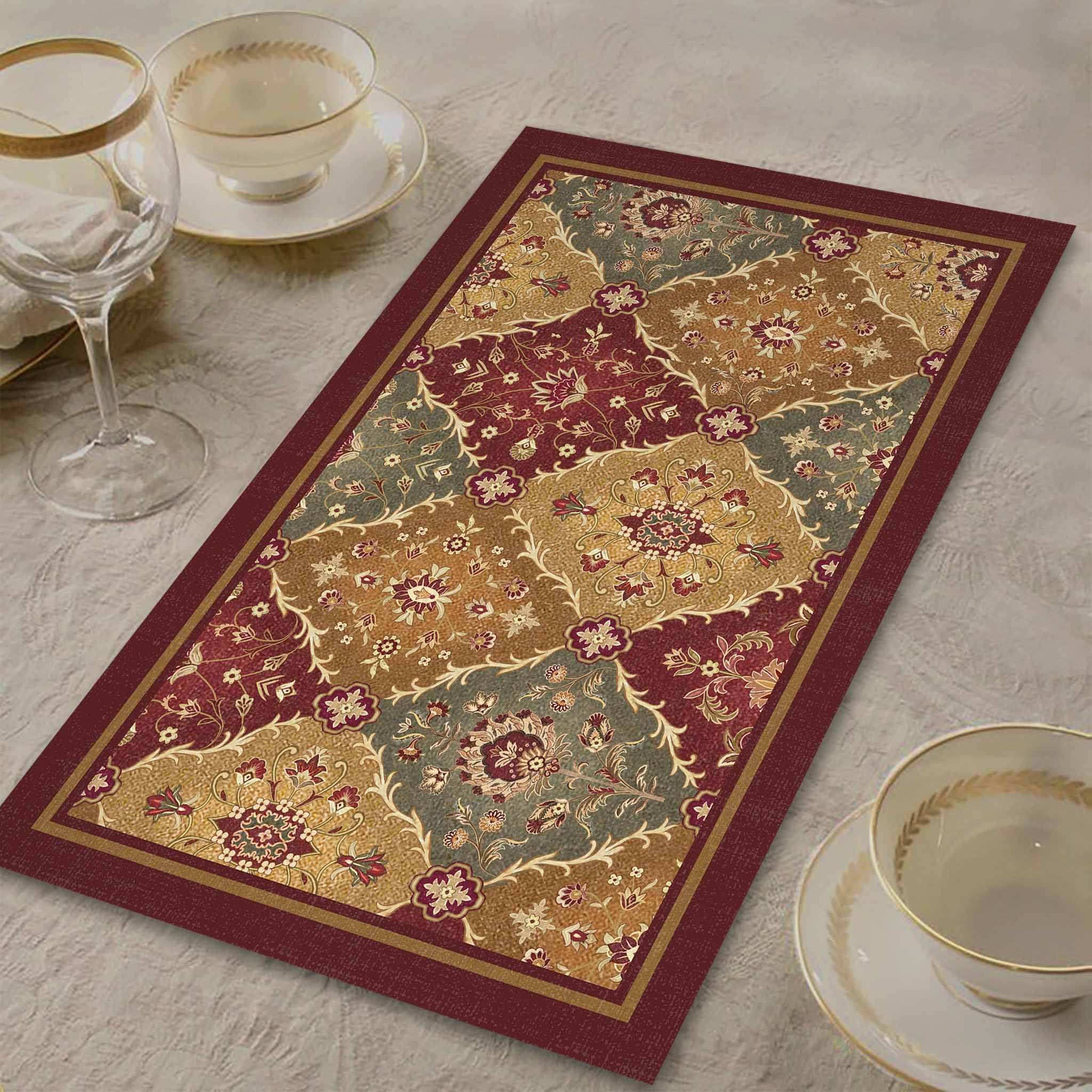 Luxury Kilim table mat in rust and multicolor, featuring traditional Moroccan geometric patterns, crafted from premium fabric for elegant dining table settings and sophisticated home décor styling. Preetier