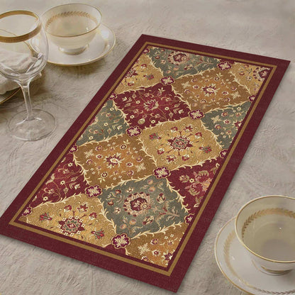 Luxury Kilim table mat in rust and multicolor, featuring traditional Moroccan geometric patterns, crafted from premium fabric for elegant dining table settings and sophisticated home décor styling. Preetier