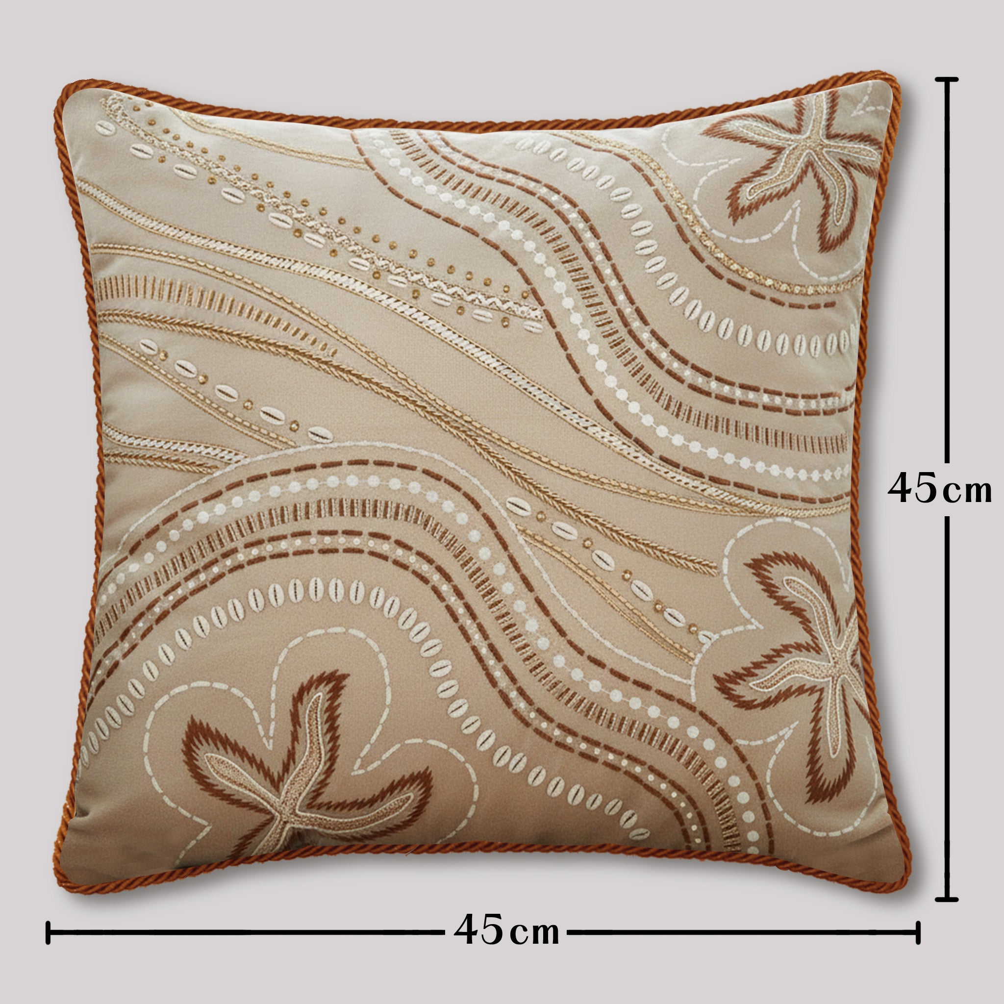 Nautical Cushion Cover Velvet Material Embroidered Starfish Motif Wave Pattern Design Beach Theme Decor Coastal Home Accent Premium Construction Quality Beige Brown Tones Rust Cord Trim Ocean Inspired Aesthetic Living Room Decoration Soft