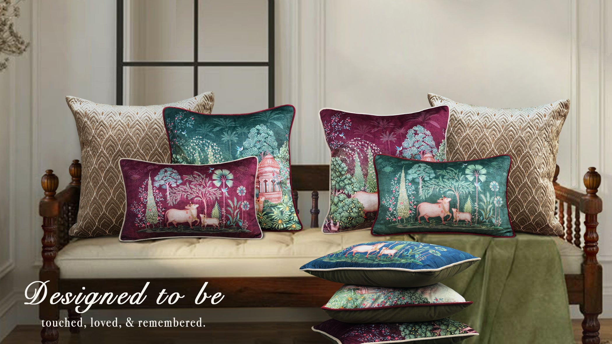 Handcrafted luxury cushion covers with Pichwai cow motifs, vintage floral designs, and soft velvet fabric by Preetier, displayed in a premium home décor setting.