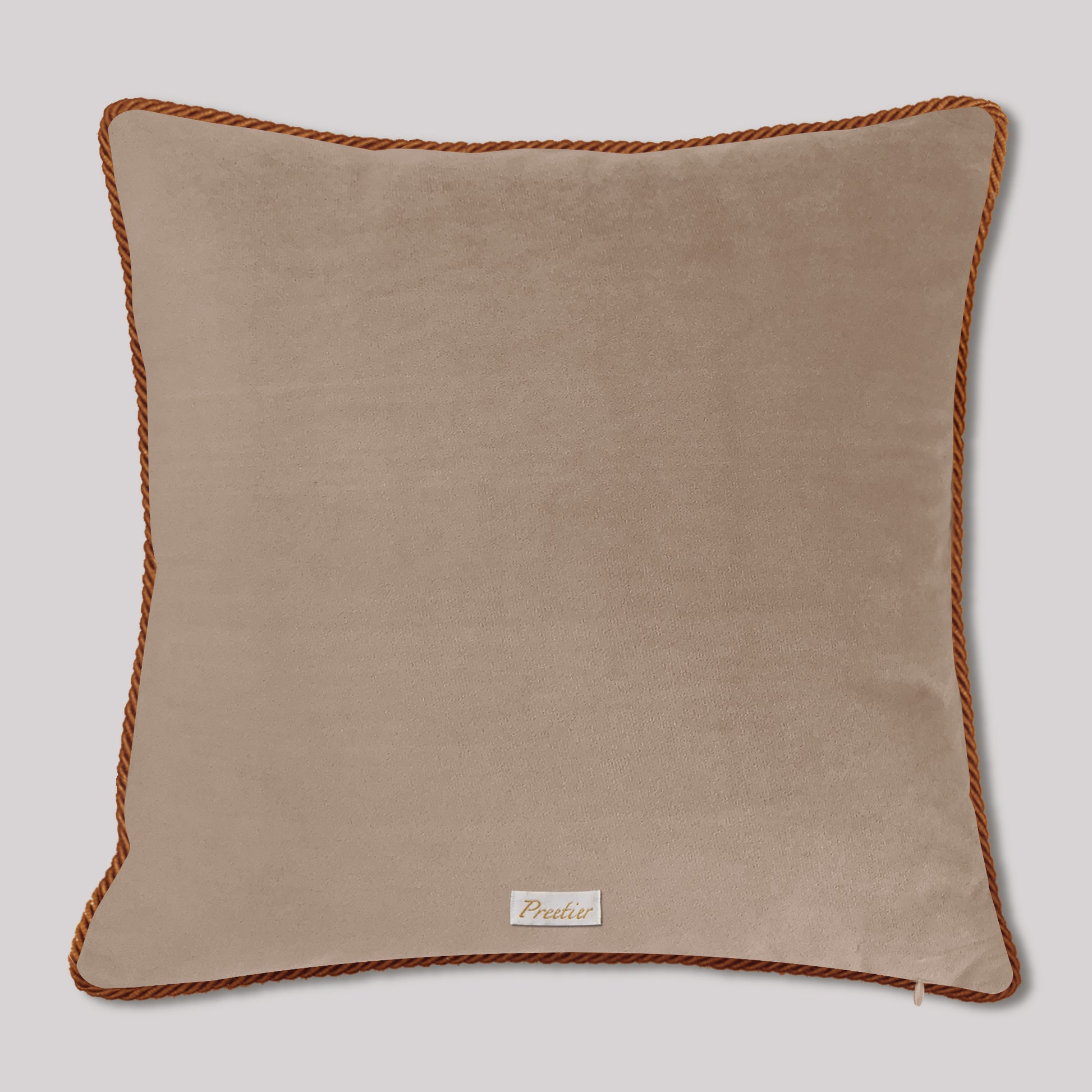 Beige pillow with brown trim on a light gray background