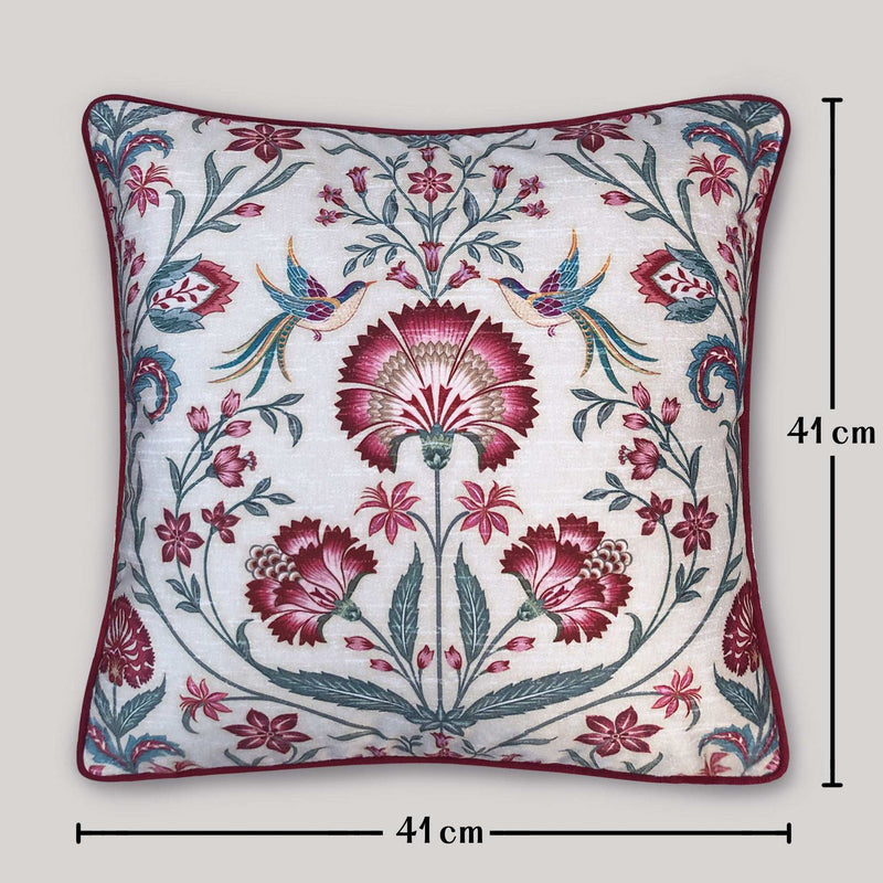 Luxury handcrafted Buta floral cushion cover with bird motif in red, teal, and ivory – elegant home decor by Preetier.