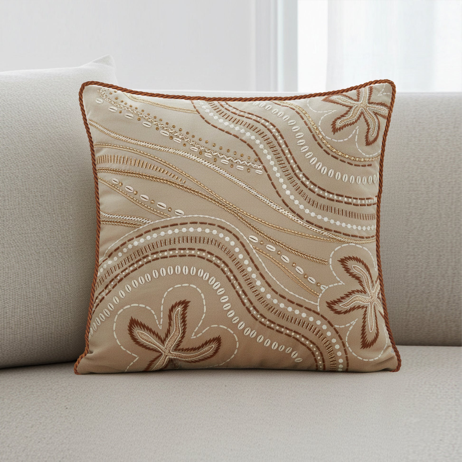 Velvet Pillow Cover Coastal Theme Nautical Style Embroidered Starfish Wave Pattern Premium Quality Construction Beige Brown Tones Rust Cord Trim Living Room Accent Beach House Decor Ocean Inspired Design Square Cushion Case Soft Fabric