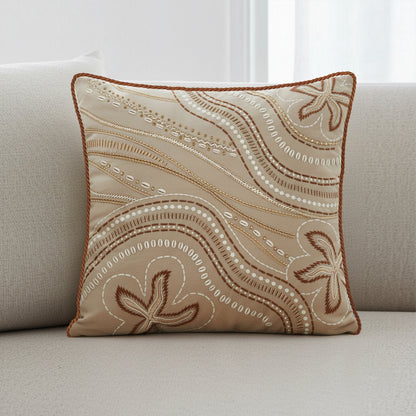 Velvet Pillow Cover Coastal Theme Nautical Style Embroidered Starfish Wave Pattern Premium Quality Construction Beige Brown Tones Rust Cord Trim Living Room Accent Beach House Decor Ocean Inspired Design Square Cushion Case Soft Fabric