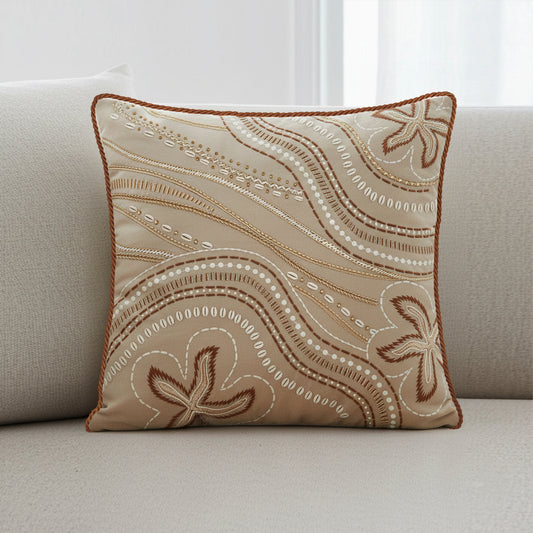 Velvet Pillow Cover Coastal Theme Nautical Style Embroidered Starfish Wave Pattern Premium Quality Construction Beige Brown Tones Rust Cord Trim Living Room Accent Beach House Decor Ocean Inspired Design Square Cushion Case Soft Fabric